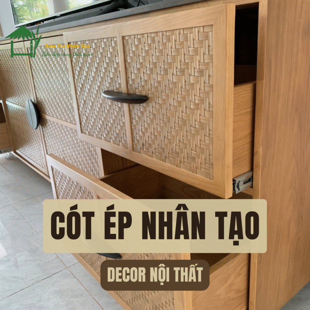 Cót Ép Nhân Tạo 14 ủ gỗ với các ngăn kéo và cánh cửa được làm từ cót ép nhân tạo, tay nắm kim loại màu đen.