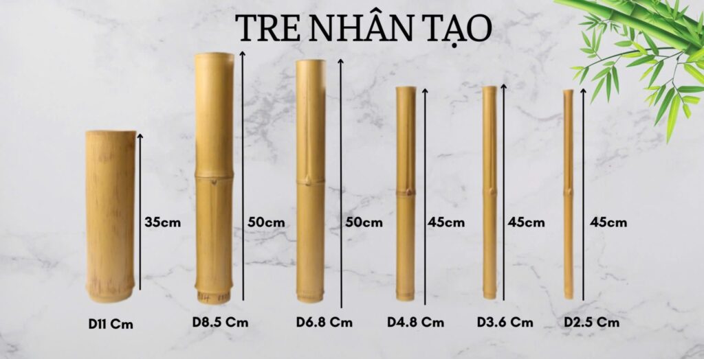 Các loại ống tre nhân tạo nhựa ABS với đường kính từ 2.5cm đến 11cm và chiều dài từ 35cm đến 50cm, phù hợp cho trang trí nội thất và ngoại thất.