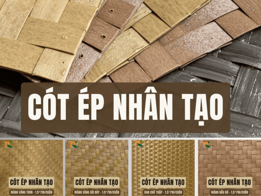 Cót Ép Nhân Tạo 8 Các mẫu cót ép nhân tạo cao cấp: vàng trơn, vàng sùi, chữ thập, nâu đỏ – mô phỏng tre truyền thống, chất liệu nhựa HDPE