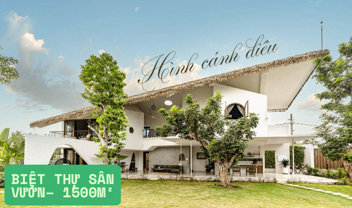 Biệt thự sân vườn 1.500m² lấy cảm hứng từ hình cánh diều, sử dụng mái rơm nhân tạo độc đáo, vừa tạo điểm nhấn kiến trúc, vừa giúp cách nhiệt hiệu quả.