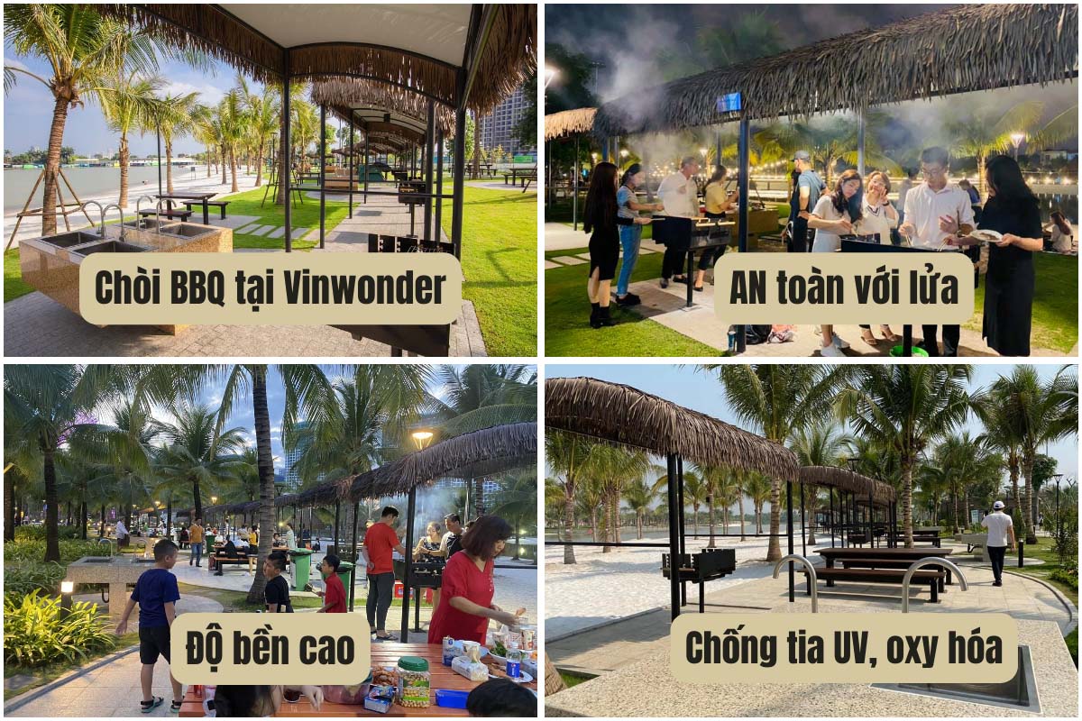 Lá Cọ Nhân Tạo – Ứng dụng đa năng trong đời sống 2025 8 Chòi BBQ tại Vinwonder Quận 9 sử dụng mái rơm nhân tạo
