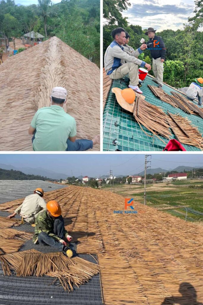 Thi công mái rơm nhân tạo trên mái tôn theo từng lớp từ dưới lên, khoảng cách đều 20-30cm giữa các lớp để đảm bảo độ phủ và thẩm mỹ.