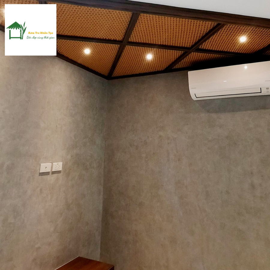 Thi công trần cót ép nhân tạo phối cùng khung nan gỗ ngang.