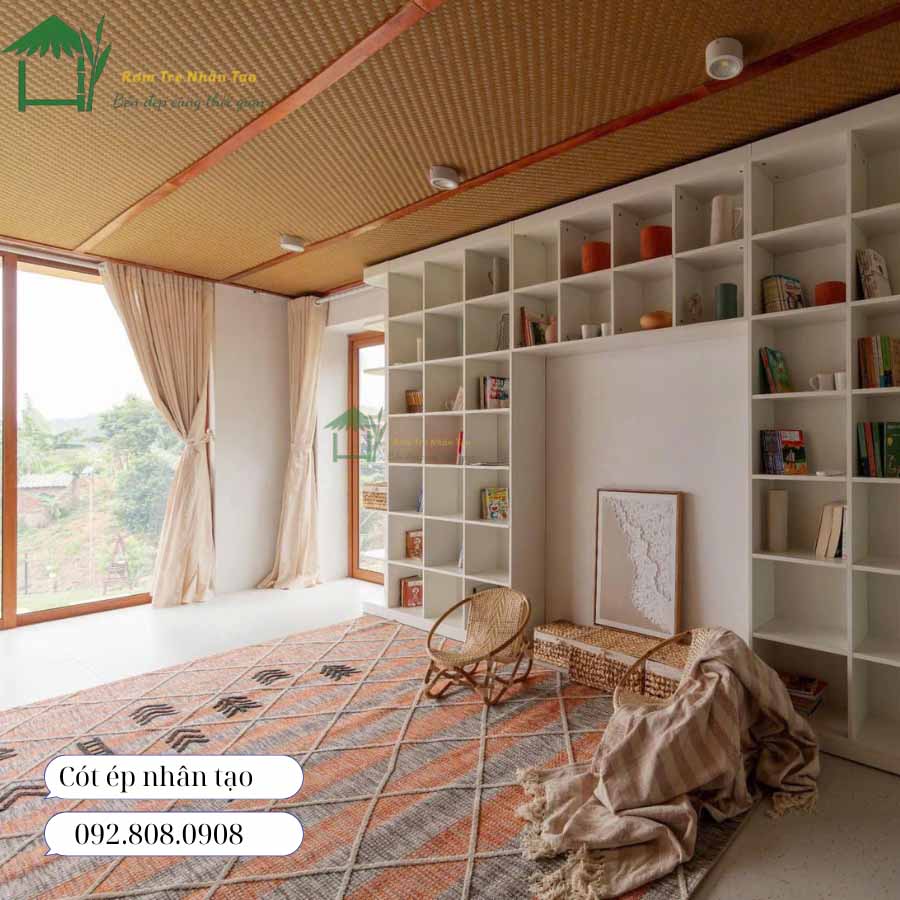 Phòng khách dùng trần cót ép kết hợp đèn led