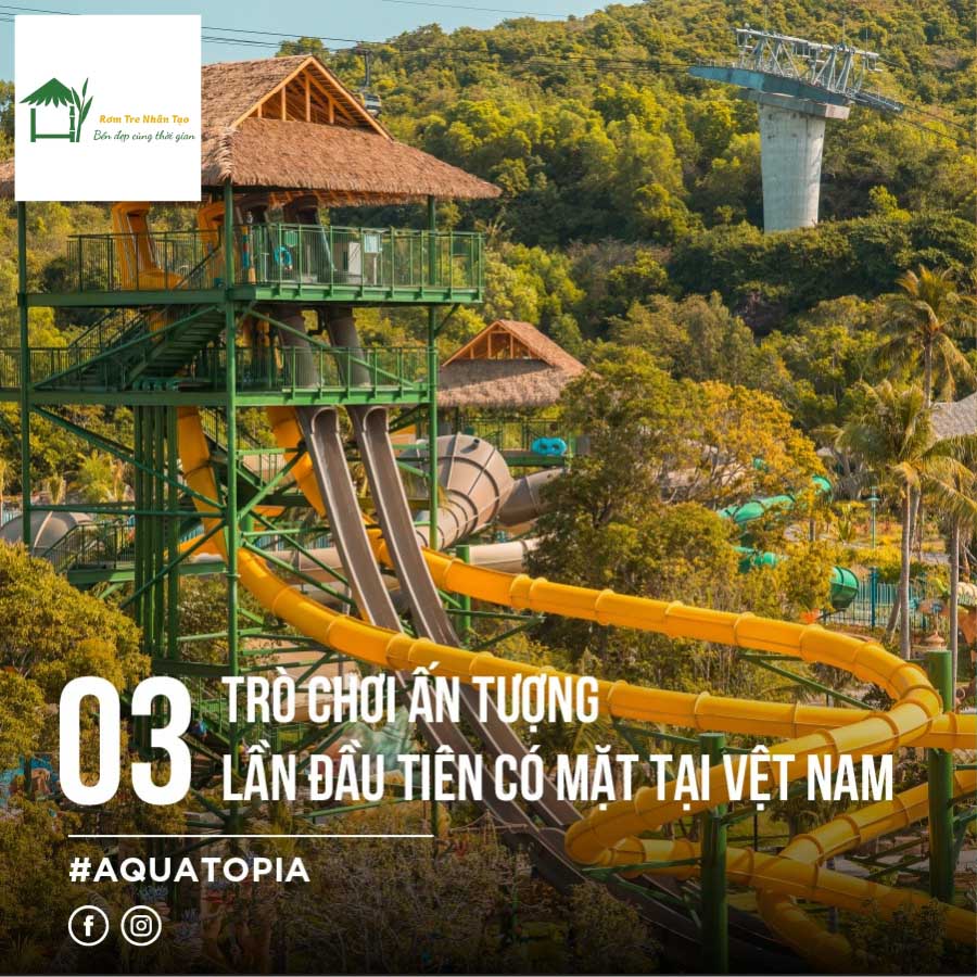 Biển quảng cáo 03 điểm đến hấp dẫn tại Sun World Hòn Thơm, nổi bật mái rơm nhân tạo trên các công trình.