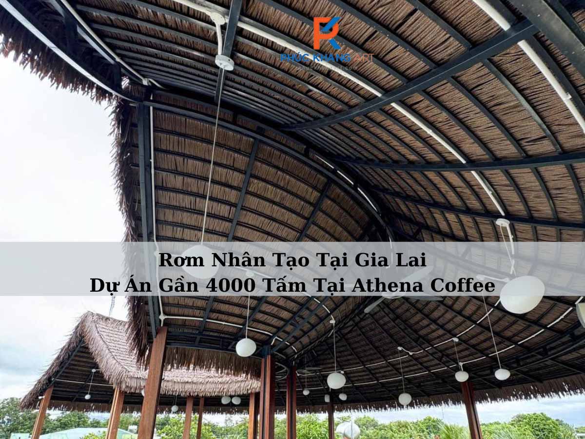 Thi công lợp mái rơm nhân tạo tại Athena Coffee Gia Lai